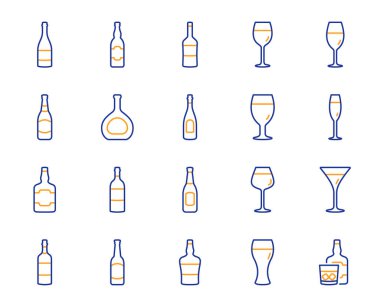 Şarap şişesi çizgisi simgeleri. Bira seti, viski ve şarap bardağı ikonları. Şampanya şişesi, alkol ve buzlu viski. Şarap kadehi, bira bardağı ve restoran tabelaları. İçecek içeceği. Vektör
