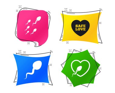 Sperm simgeler. Döllenme veya döllenme işaretler. Güvenli aşk kalp simgesi. Geometrik renkli Etiketler. Afiş ile düz kutsal kişilerin resmi. Modaya uygun bir tasarım. Vektör