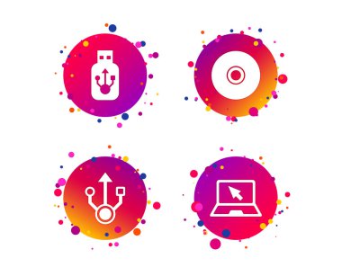 USB birden parlamak götürmek kutsal kişilerin resmi. Defter ya da Laptop pc sembol. CD veya Dvd işareti. CD. Degrade daire düğmeleri ile kutsal kişilerin resmi. Rastgele noktalar teması. Vektör