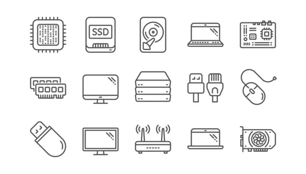Iconos Línea Dispositivos Informáticos Placa Base Cpu Laptop Ssd Conjunto — Vector de stock