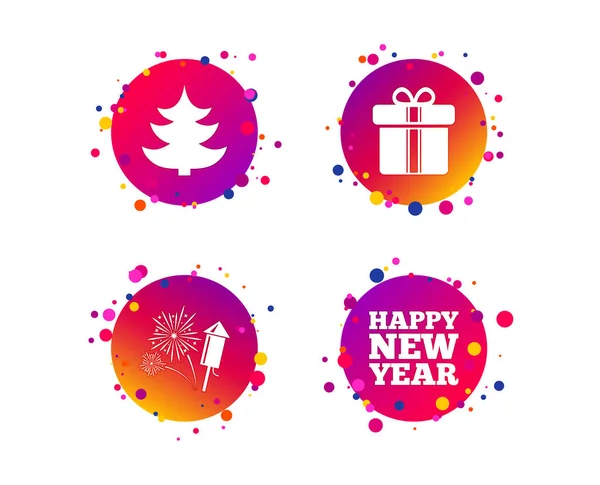 Frohes Neues Jahr Weihnachtsbaum Und Geschenkkartonschilder Feuerwerksraketen Gradienten Kreis Tasten — Stockvektor