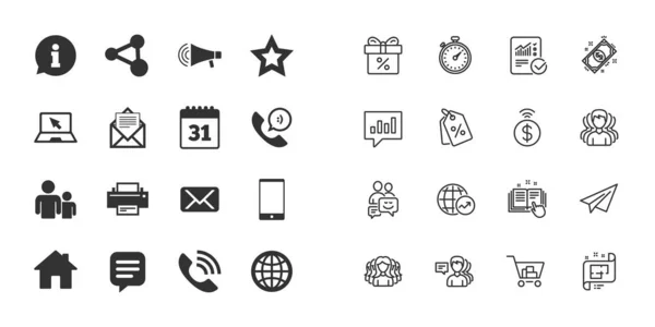 Serie Icone Comunicazione Conferenza Informazione Mail Stampante Segni Internet Simboli — Vettoriale Stock