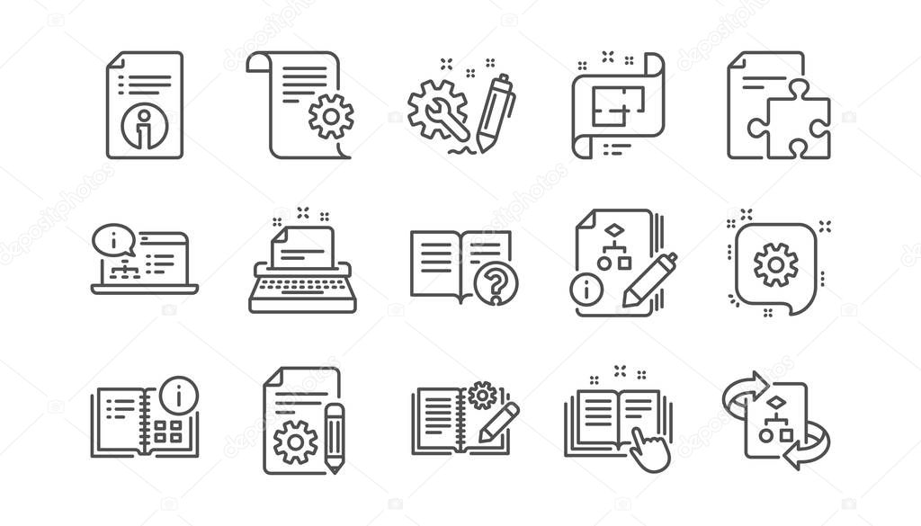 Technical documentation line icons. Instruction, Plan and Manual. Algorithm linear icon set.  Vector