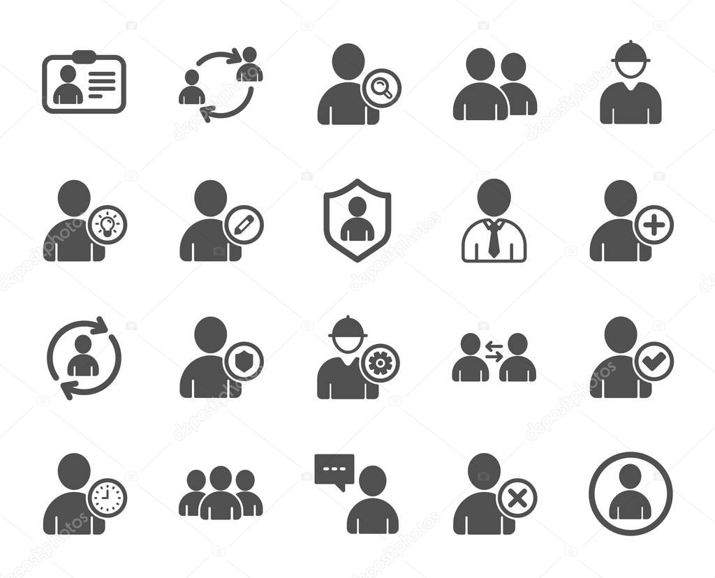 Users icons. Profile, Group of people and Support signs. ID card, Teamwork people and Businessman user symbols. Person talk, Engineer profile and Human Management. Job support. Quality design element