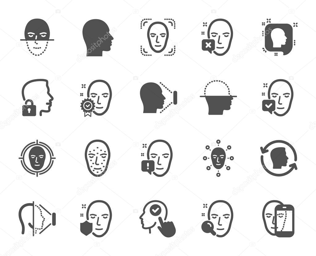 Face recognition icons. Set of Facial biometrics detection, scanning and unlock system icons. Facial scan, identification, Face id. Confirmed person, Biometrics access, Unlock smartphone. Vector