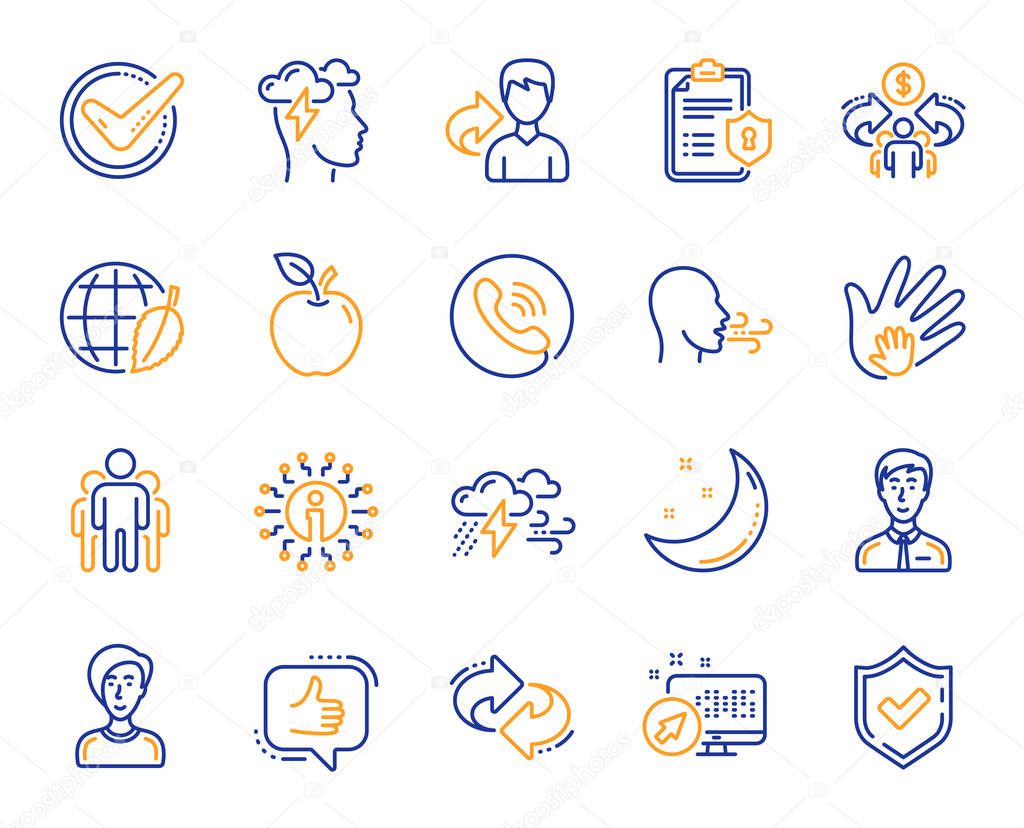 Check mark, Sharing economy and Mindfulness stress, Breath people line icons. Privacy Policy, Social Responsibility, Breath icons. Bad weather, Tick check mark, sharing refer, stress. Vector