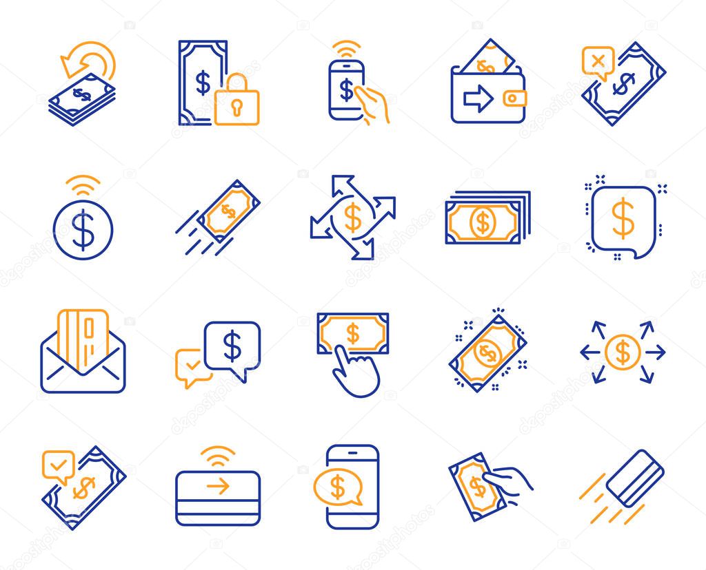 Payment wallet line icons. Set of Accept money transfer, Pay with Phone and Credit card by mail icons. Online payment, Dollar exchange and Fast money send. Private pay, Cash and Wallet. Vector