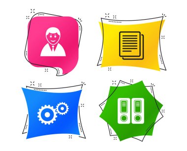 Muhasebe iş akışını simgeler. İnsan silueti, dişli dişli ve Belgeler klasörleri sembolleri imzalar. Geometrik renkli Etiketler. Afiş ile düz kutsal kişilerin resmi. Modaya uygun bir tasarım. Vektör