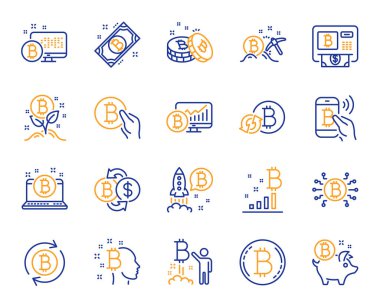 Cryptocurrency satır simgeler. Blockchain, kripto ICO başlamak yukarıya ve Bitcoin simgeler kümesi. Madencilik, Cryptocurrency Döviz, altın kazma. Bitcoin Atm, kripto paralar, mali ICO pazarları, blockchain
