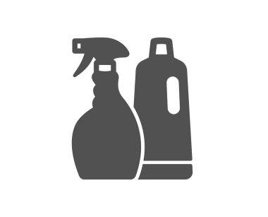 Temizleme spreyi ve şampuan simgesi. Çamaşır sıvı veya temizleyici sembolü. Temizlik ekipman işareti. Kalite tasarım öğesi. Klasik stil ikonu. Vektör