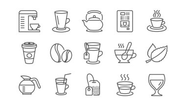 Kahve ve çay yapma satır simgeler. Kapuçino, Çaydanlık ve kahve demliği. Kahve çekirdekleri doğrusal Icon set. Vektör