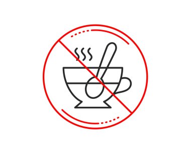 Hayır veya Dur işareti. Kaşık satırı simgesi ile fincan. Taze içecek işareti. Kahve veya kahve sembolü. Uyarı yasağı dur sembolü yasaktır. Yok simgesi tasarım. Vektör