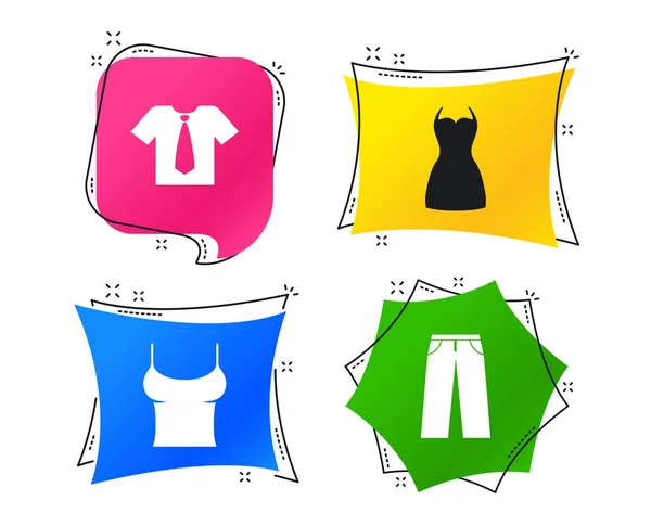 Iconos Ropa Camiseta Con Corbata Negocios Pantalón Mujeres Vestido Símbolo — Vector de stock