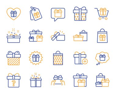 Hediye hattı simgeleri. Mevcut kutu, Teklif ve Satış. Alışveriş arabası, Tag and Chat. Konuşma balonu, hediye kutusu, soru işareti, doğum günü indirimi. Alışveriş arabası, hediye etiketi, teslimat. Vektör