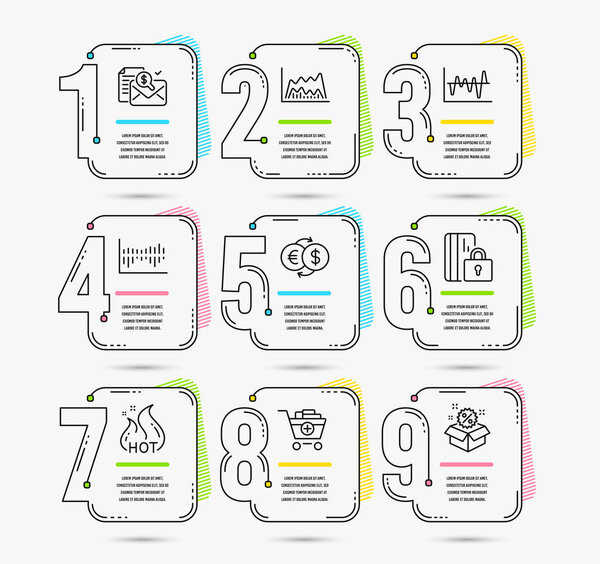 Infographic template with numbers 9 options. Set of Stock analysis, Blocked card and Add products icons. Accounting report, Money exchange and Column diagram signs. Vector