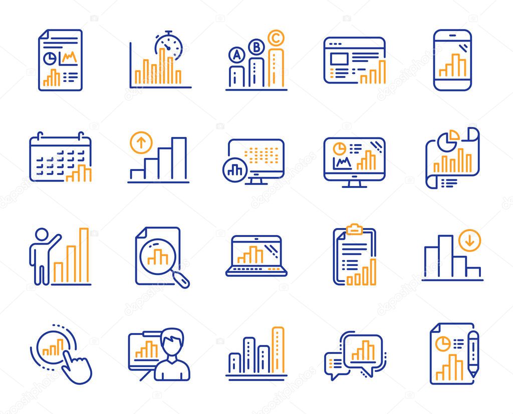Graph line icons. Set of Chart presentation, Report, Increase growth graph icons. Analytics testing, Falling demand, Pie chart report. Calendar statistics, Stats. Ab testing, Increase sales. Vector