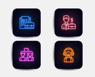 Neon glow ışıkları. İşadamı olgusu ayarla, boşluk ve çift simgeleri seviyorum. Simgesini desteklemesi. İnsan kaynakları, iş, aşık insanlar işe. Çağrı merkezi. Neon simgeler. Parlayan ışık afiş. Vektör