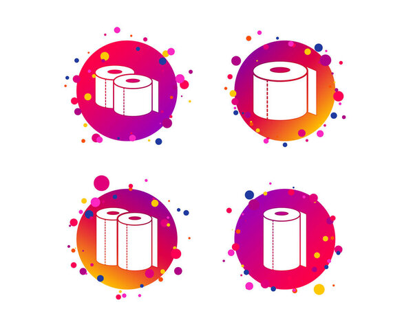 Иконки туалетной бумаги. Символы полотенца на кухне. Бумажные знаки туалета. Градиентные круговые кнопки с иконками. Дизайн случайных точек. Вектор
