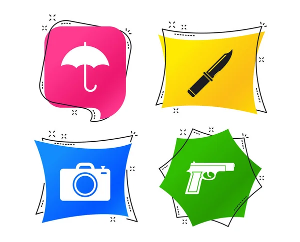 枪支武器图标 伞和照片相机标志 边缘狩猎设备 禁止对象 几何彩色标签 带有平面图标的横幅 时尚的设计 — 图库矢量图片