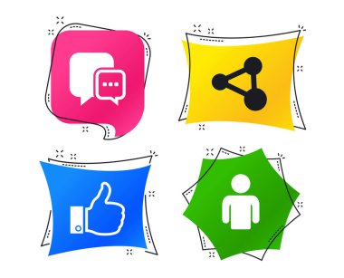 Sosyal medya simgeler. Sohbet konuşma balonu ve pay bağlantı simgeleri. Parmak işareti başparmak gibi. İnsan kişi profili. Geometrik renkli Etiketler. Afiş ile düz kutsal kişilerin resmi. Modaya uygun bir tasarım. Vektör