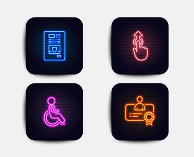 Neon glow ışıkları. Devre dışı kümesi, kahve otomat ve kuvvetli darbe simgeleri. Sertifika işareti. Özürlü tekerlekli sandalye, kahve Otomatı, değmek teknoloji. En iyi çalışan. Neon simgeler. Vektör