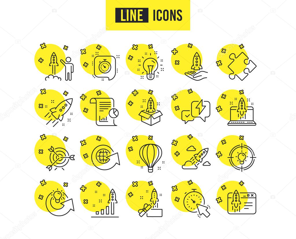 Startup line icons. Set of Launch Project, Business report and Target linear icons. Strategy, Development plan and Space rocket symbols. Air balloon, Out of the Box and Business innovation. Vector