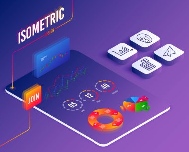İzometrik vektör. Yüz Biyometri ayarla, simgeleri grafik ve kağıt uçak. Hesap makinesi işareti. Yüz tanıma, sunu diyagramı, uçak. Para yönetimi. Yazılım veya mali piyasalar. Vektör