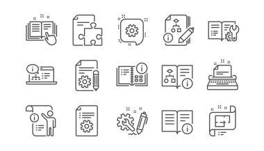 Teknik belgeler satırı simgeler. Öğretim, Plan ve el kitabı. Algoritma doğrusal Icon set. Vektör