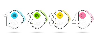 Infographic Şablon 4 seçenekleri veya adımları. Park yeri, garaj ve gemi simgeler kümesi. Çıkış işareti. Taşıma, otomatik kapı, nakliye deniz taşıtları. Kaçış. Süreç diyagramı, iş akışı düzeni