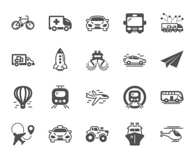 Işınlama simgeleri. Taksi, helikopter ve metro tren ikonları. Kamyon vagonu, tramvay ve hava balonu nakli. Bisiklet, havaalanı uçağı ve gemi, metro. Seyahat otobüsü, ambulans arabası, kağıt uçak. Vektör