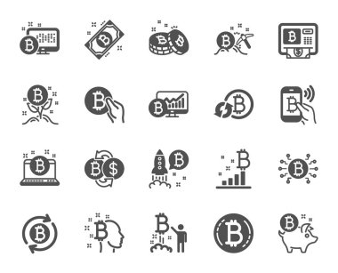 Kripto para birimi simgeleri. Blockchain seti, Crypto ICO ve Bitcoin simgeleri. Madencilik, kripto para değişimi, altın kazma. Bitcoin ATM, kripto paralar, finansal Meksika piyasaları, engelleme zinciri. Vektör