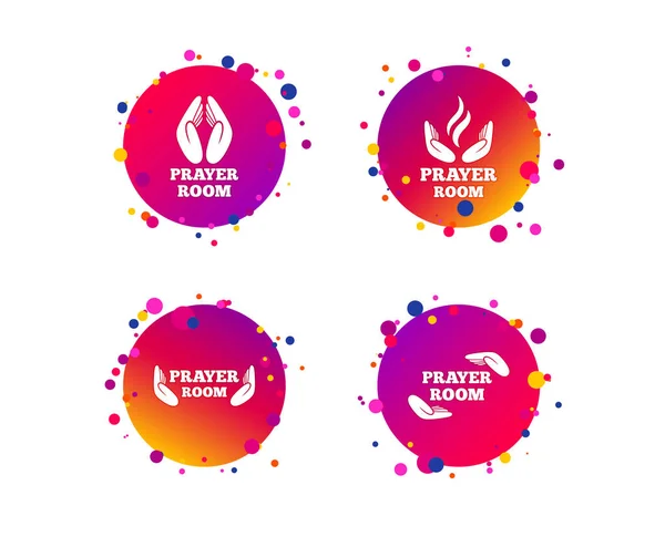 Prayer room icons. Religion priest faith symbols. Pray with hands. Gradient circle buttons with icons. Random dots design. Vector