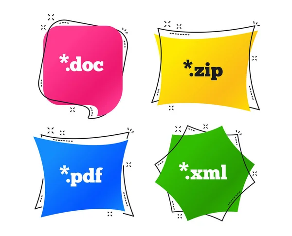 Documentpictogrammen Van Het Bestand Extensies Symbolen Pdf Zip Zipped Xml — Stockvector