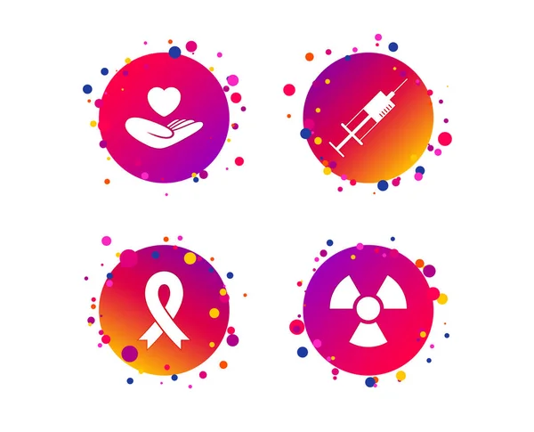 Medicine Icons Syringe Life Insurance Radiation Ribbon Signs Breast Cancer — Stock Vector