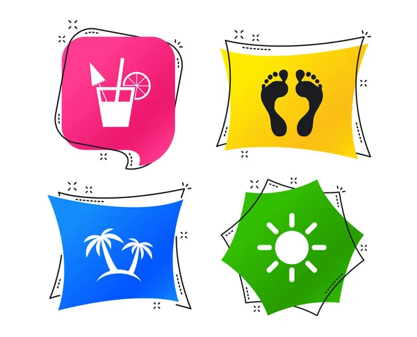 Beach Holidays Icons Cocktail Human Footprints Palm Trees Signs Summer — Stock Vector