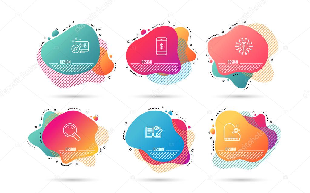 Dynamic liquid shapes. Set of Engineering documentation, Piano and Smartphone payment icons. Search sign. Manual, Fortepiano, Mobile pay. Magnifying glass.  Gradient banners. Fluid abstract shapes