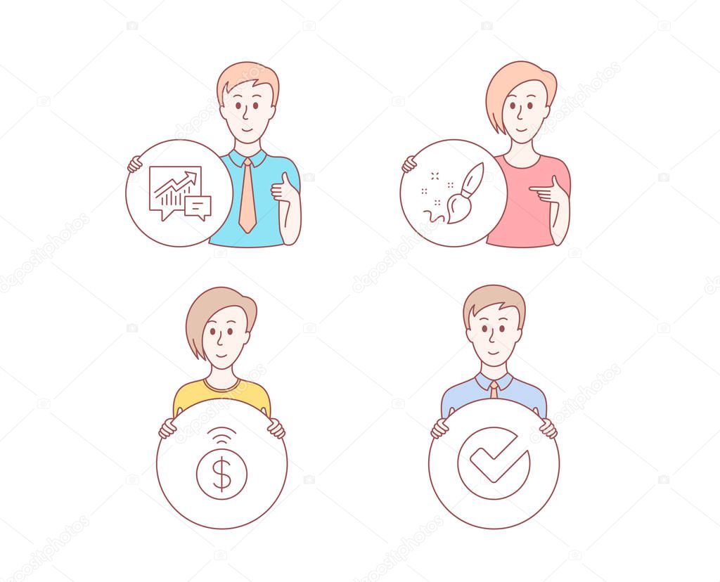 People hand drawn style. Set of Paint brush, Accounting and Contactless payment icons. Verify sign. Creativity, Supply and demand, Financial payment. Selected choice.  Character hold circle button