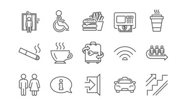 Kamu hizmetleri hattı simgeler. Asansör, taksi ve Wifi internet. Fast food doğrusal Icon set. Vektör