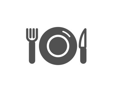 Gıda simgesi. Restoran işareti. Çatal, bıçak ve plaka sembol. Kalite tasarım öğesi. Klasik stil ikonu. Vektör