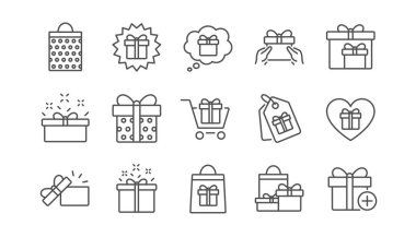 Hediye satır simgeler. Mevcut özel indirim ve satış. Alışveriş doğrusal Icon set. Vektör