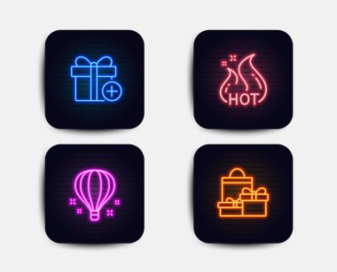Neon glow ışıkları. Sıcak satış, hava balonu ve Ekle hediye simgeler kümesi. İşareti alışveriş. Alev, seyahat, gökyüzü hediye kutusu alışveriş. Tatil paketleri. Neon simgeler. Parlayan ışık afiş. Vektör