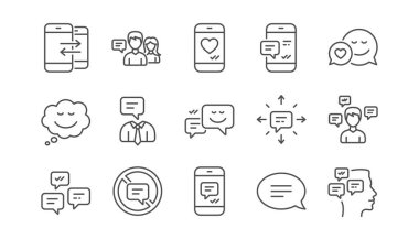 İleti ve iletişim simgeler. Grup chat, konuşma balonu ve Sms. iletişim doğrusal simgesini ayarlayın. Vektör