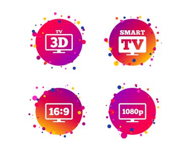 Akıllı Tv modu simgesi. En-boy oranı 16:9 geniş ekran simgesi. Dolu hd 1080p kararlılık. 3D televizyon işareti. Degrade daire düğmeleri ile kutsal kişilerin resmi. Rastgele noktalar teması. Vektör