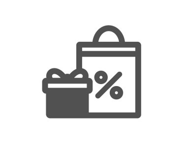 Hediye kutusu ile alışveriş çantası simgesi. Hediye veya satışı işareti. Doğum günü alışveriş indirimler sembolü ile. Paket hediye paketi içinde. Kalite tasarım öğesi. Klasik stil ikonu. Vektör