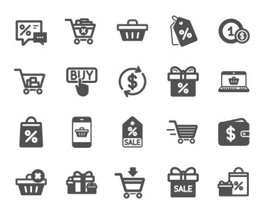 Cüzdan ikonları. Hediye, Hediye ve Satış tabelaları. Alışveriş arabası, teslimat hediyesi ve etiket sembolleri. Konuşma balonu, indirim, satış ve cüzdan. İnternetten satın alma. Sürpriz hediye. Vektör