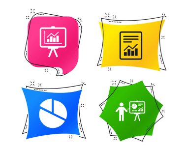 Diyagram dosyasını belgeyle. Pasta grafik simgesi. Sunu billboard sembolü. Arz ve talep. Geometrik renkli Etiketler. Afiş ile düz kutsal kişilerin resmi. Modaya uygun bir tasarım. Vektör