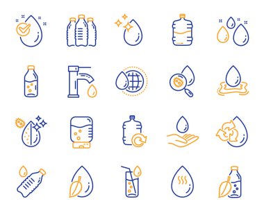 Su damlası çizgisi simgeleri. Bir şişe, antibakteriyel filtre ve musluk suyu lineer simgeleri seti. Bakteri, soğutucu ve şişeyi doldur. Sıvı damlası, antibakteriyel temizleyici ve içecek makinesi, tap. Vektör