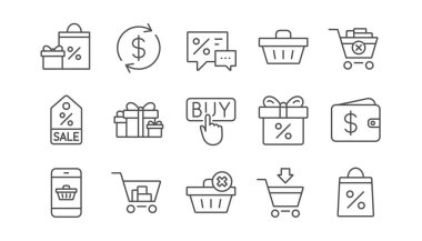 Alışveriş satır simgeler. Hediye, yüzde işareti ve satış indirim. Teslimat doğrusal Icon set. Vektör