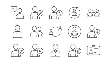 Kullanıcı kişi satır simgeler. Profil, Grup ve destek. İnsanlar doğrusal Icon set. Vektör