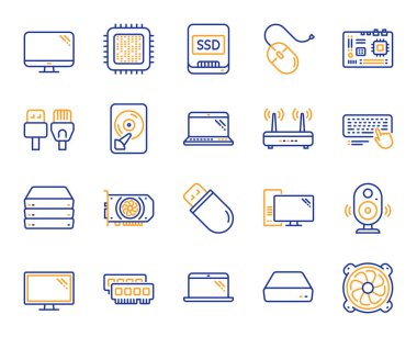 Bilgisayar parçaları, dizüstü bilgisayar, SSD hat simgeleri. Anakart, işlemci, internet kablo ikonları. Wifi router, bilgisayar monitörü, grafik kartı. Klavye, SSD cihazı. İnternet kabloları, dizüstü bilgisayar parçaları. Vektör